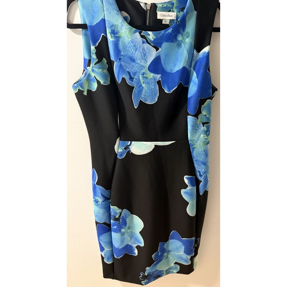 Calvin Klein Scuba Sheath Black Blue Orchid Dress Sleeveless Sz-12 $134